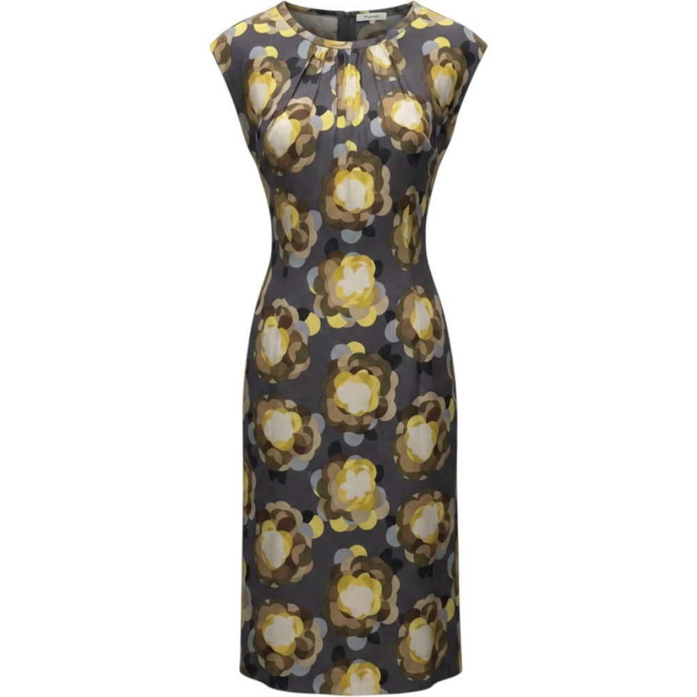 Boden Shift Dress Women 8R Grey Yellow Floral Silk Blend Pleated Neck Sleeveless